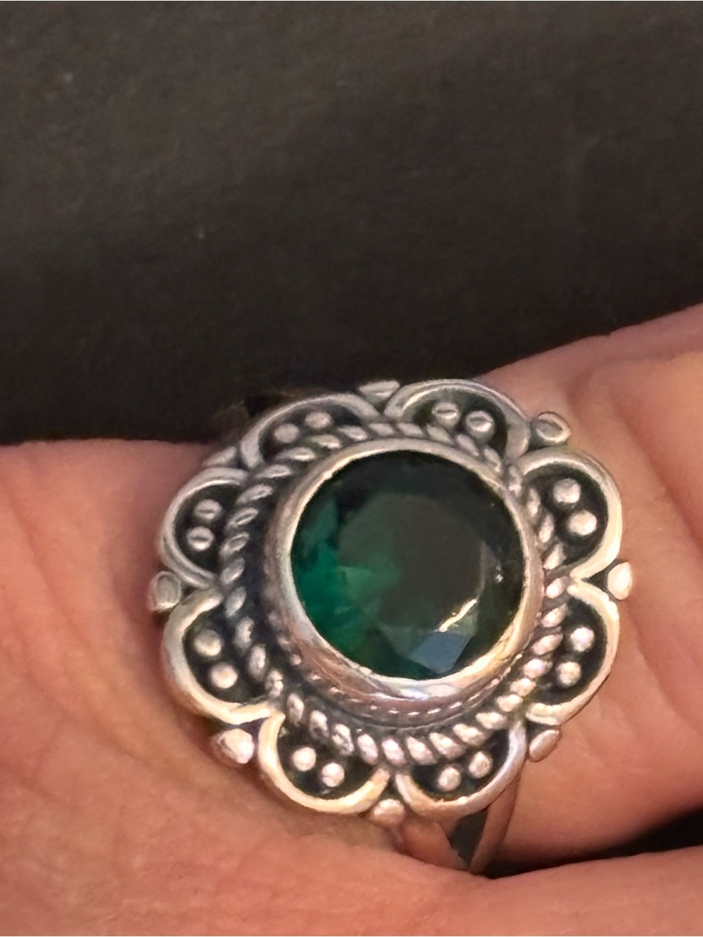 Sterling-Style Silver Ring with Emerald Green Stone. Oxidized Finish
